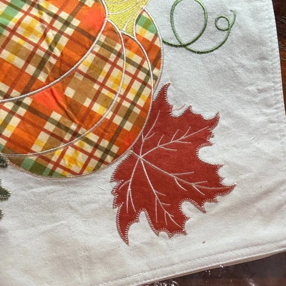 Harvest Plaid Pumpkin Embroidered‎ Fall Placemats Set Cream Autumn Leaves K49328